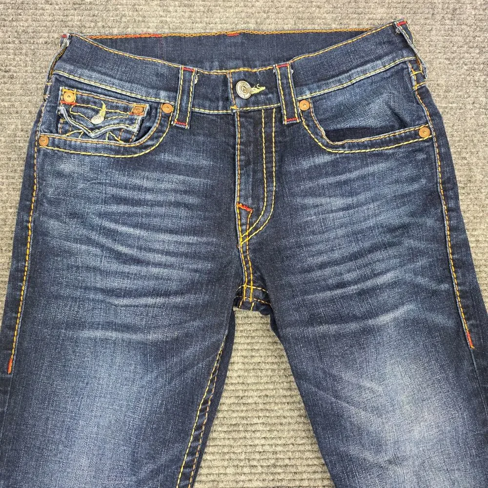 True Religion Jeans Mens 32x33 Slim Flap Big T Dark Wash Red Stitch Denim